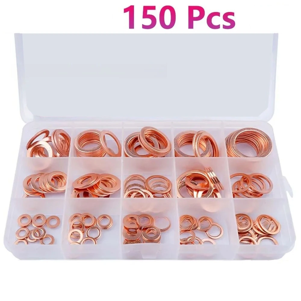 150Pcs Boxed M5-M22 Red Copper Flat Washer Sealing Gasket Oil Seal Spring Washer Assortment