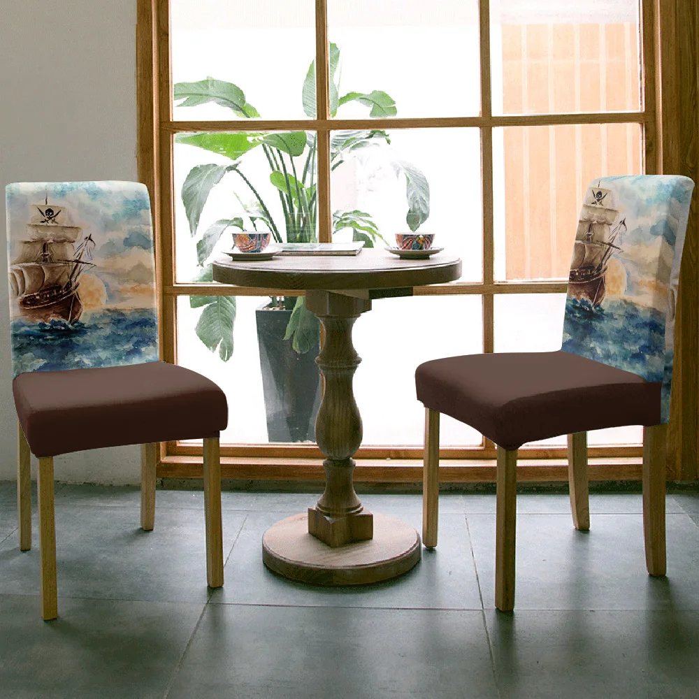 Oil Painting Style Pirate Boat Dining Chair Cover 4/6/8PCS Spandex Elastic Chair Slipcover Case for Wedding Home Dining Room