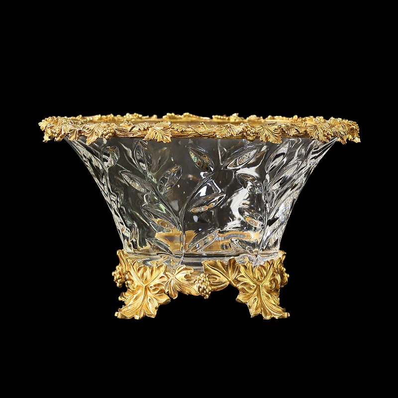 Jewelry Top Factory Wholesale Latest Design Luxury Brass Base Fruit Plate Home Decoration Crystal Glass Fruit Plate