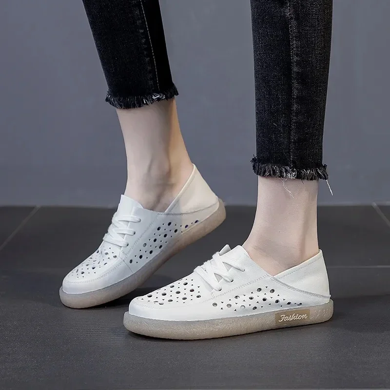 Sneakers Women's First Layer Cowhide Small Leather Shoes 2023 Openwork Summer New Single Shoes Two Soft Side Small White Shoes