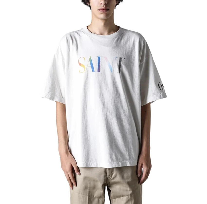 

Vintage SAINT 24AW Rainbow Logo Printed Short Sleeve High Street Loose Casual Cotton High Quality Washed Japanese Street T-shirt