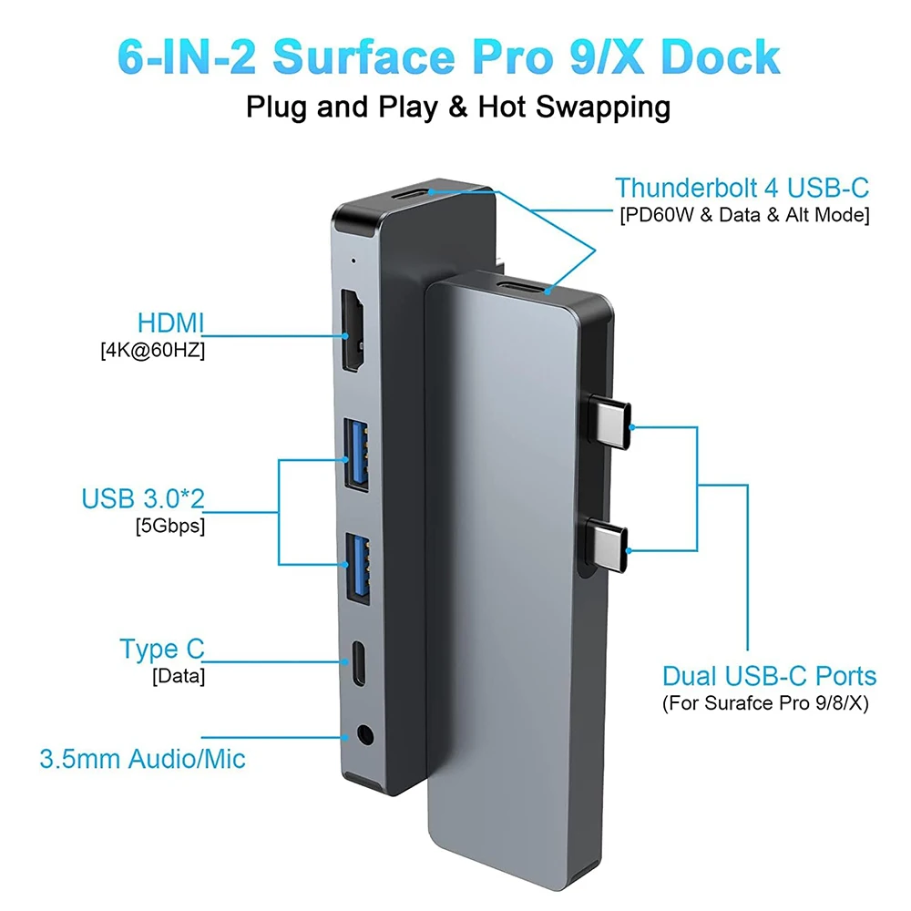 USB 3.0 Type C Surface Pro 9/8/X Docking Station 4K 60HZ HDMI,MS Hub Thunderbolt 4(Video+Data+100W Charge)Audio
