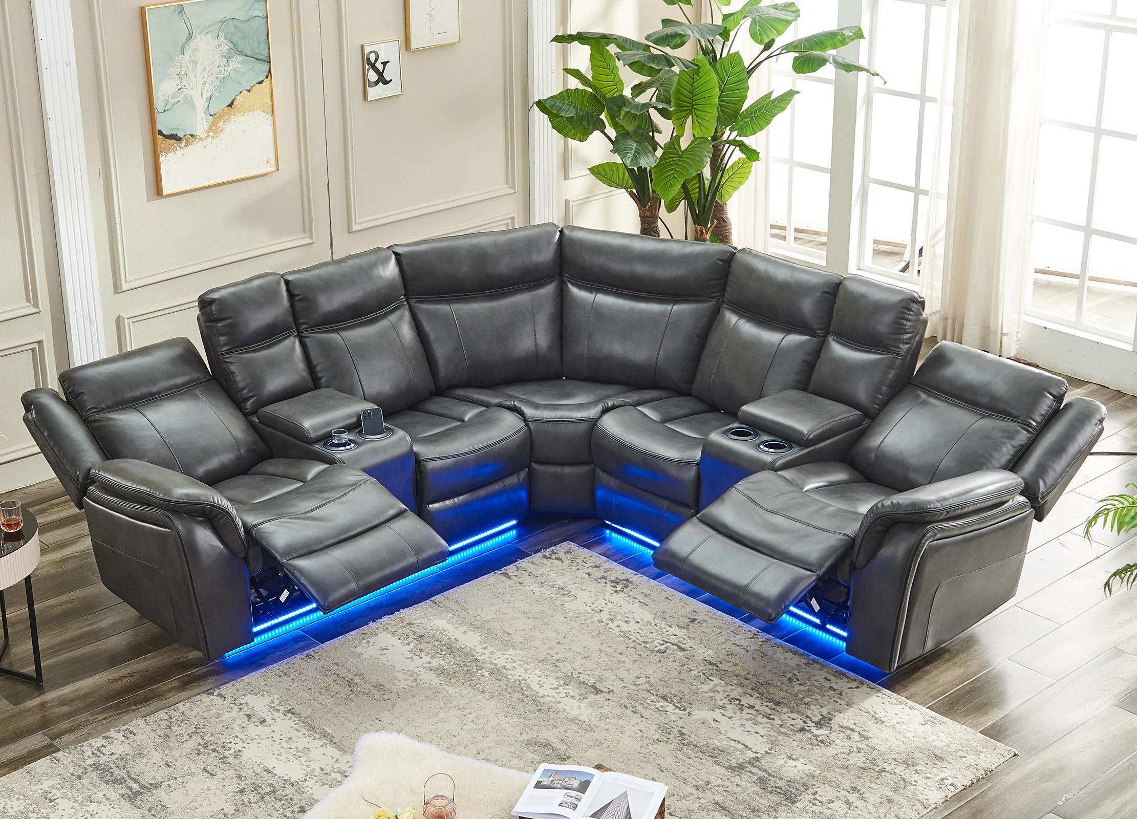 

Power Recliner Sectional Sofa with LED Lights, USB, Cup Holders & Storage Console - Faux Leather Corner Couch