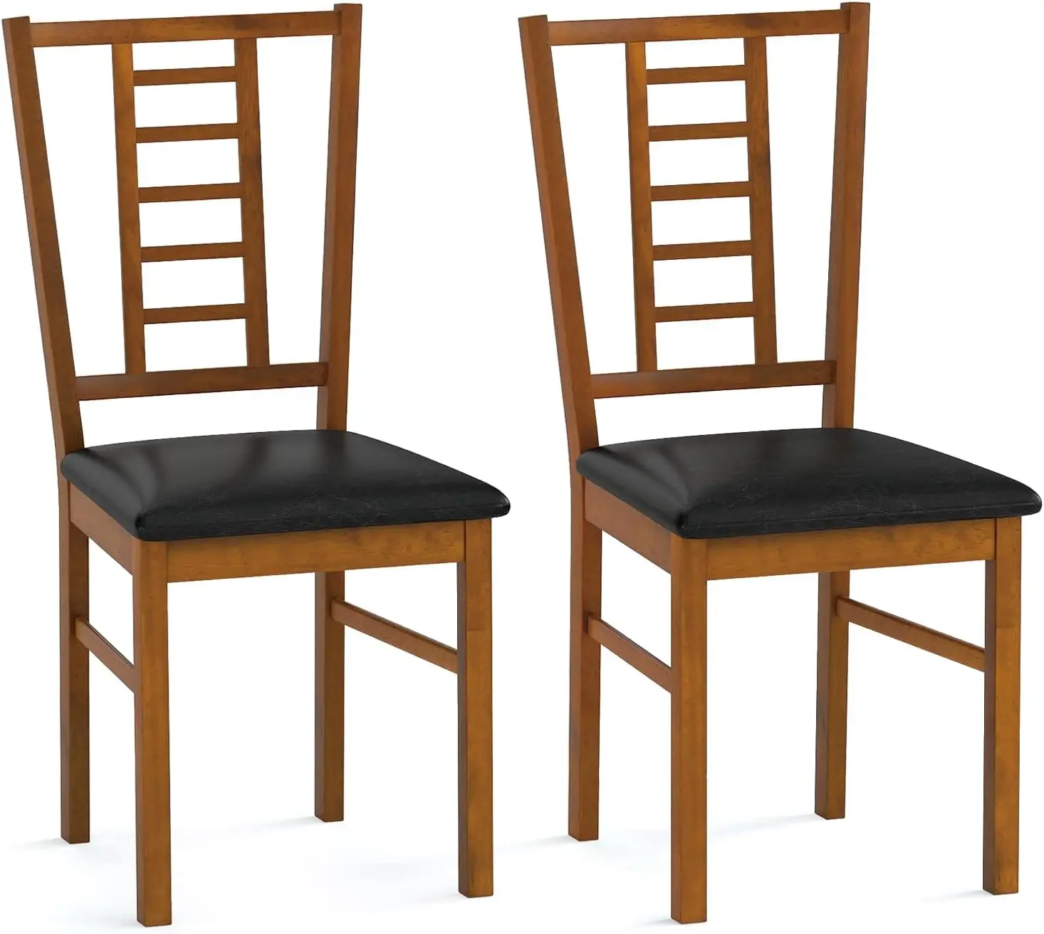 Wooden Dining Chairs Set of 2, Armless Kitchen Chairs w/Hollowed Backrest, Upholstered PU Seat, Rubber Wood Frame, Modern Dinette Furniture Set for Dining Room, Living Room, Cafe(Walnut+Black)