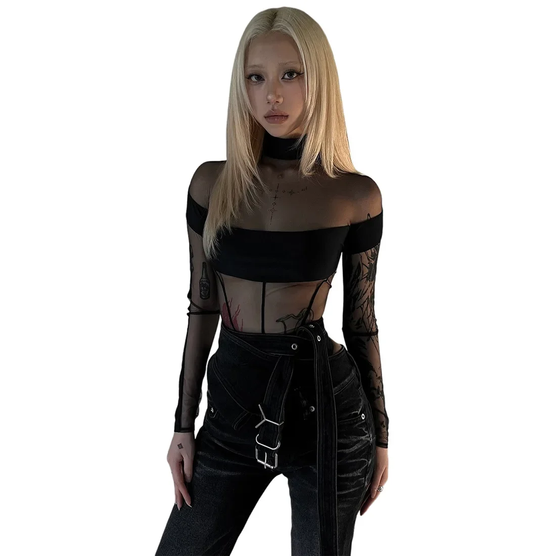 IMU Sexy See Through Bodysuit Women Dark Gothic Streetwear Emo Alternative Grunge Y2k Long Sleeve O-neck High Waist Jumpsuit view 4