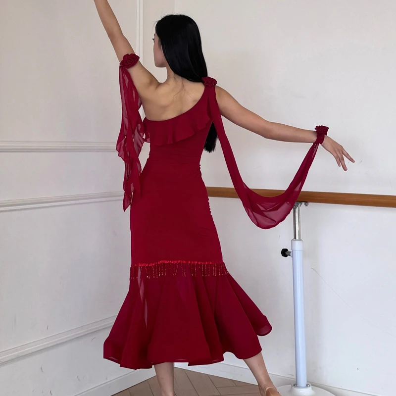 성인 볼룸 댄스 경연 대회 의상 여성 룸바 라틴 댄스 훈련 의류 리본 탑 모던 댄스 스커트 SL12646