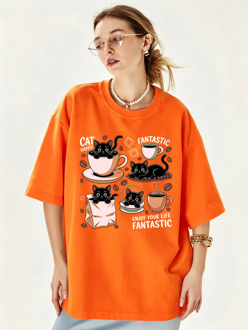 Enjoy Your Life Happy Coffee Cat Prints T-Shirts Womens Cotton Summer Short Sleeve Tees O-Neck Oversized Tops Basic Soft Clothes