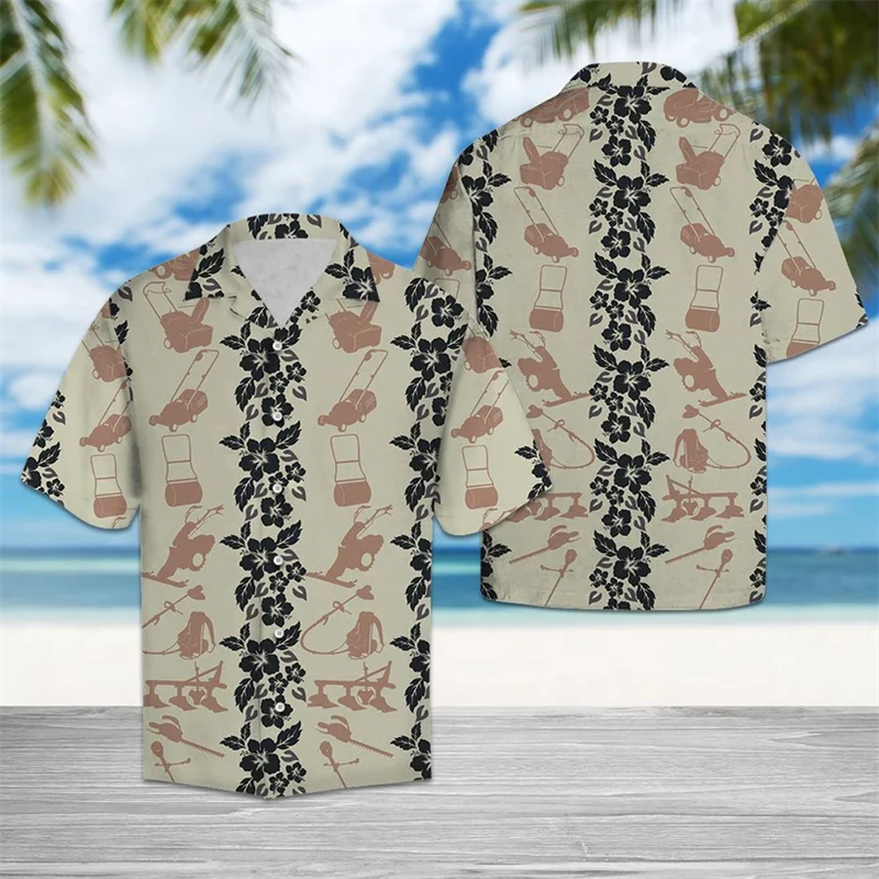 

Retro Lawn Mower Pattern Hawaiian Shirts For Men Summer Fashion Short Sleeve 3D Printed Lapel Shirt Casual Oversized Blouses