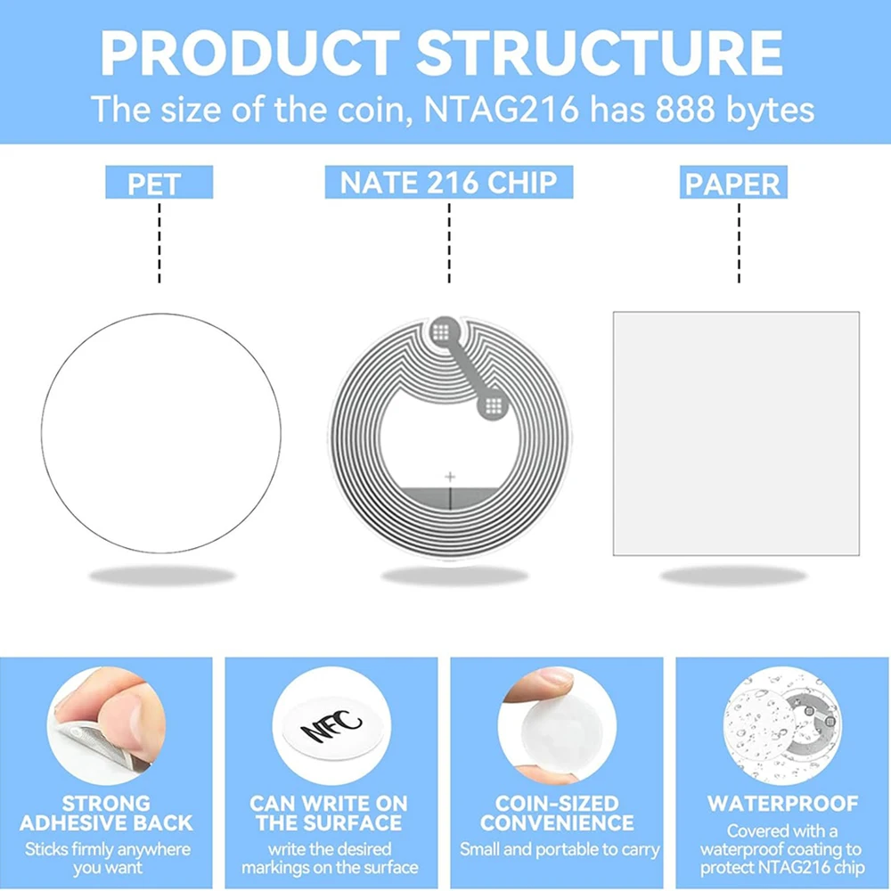NFC tag NTAG216 NFC sticker NTAG216 chip,blank circular tag with adhesive backing,rewritable and programmable RFID NFC sticke