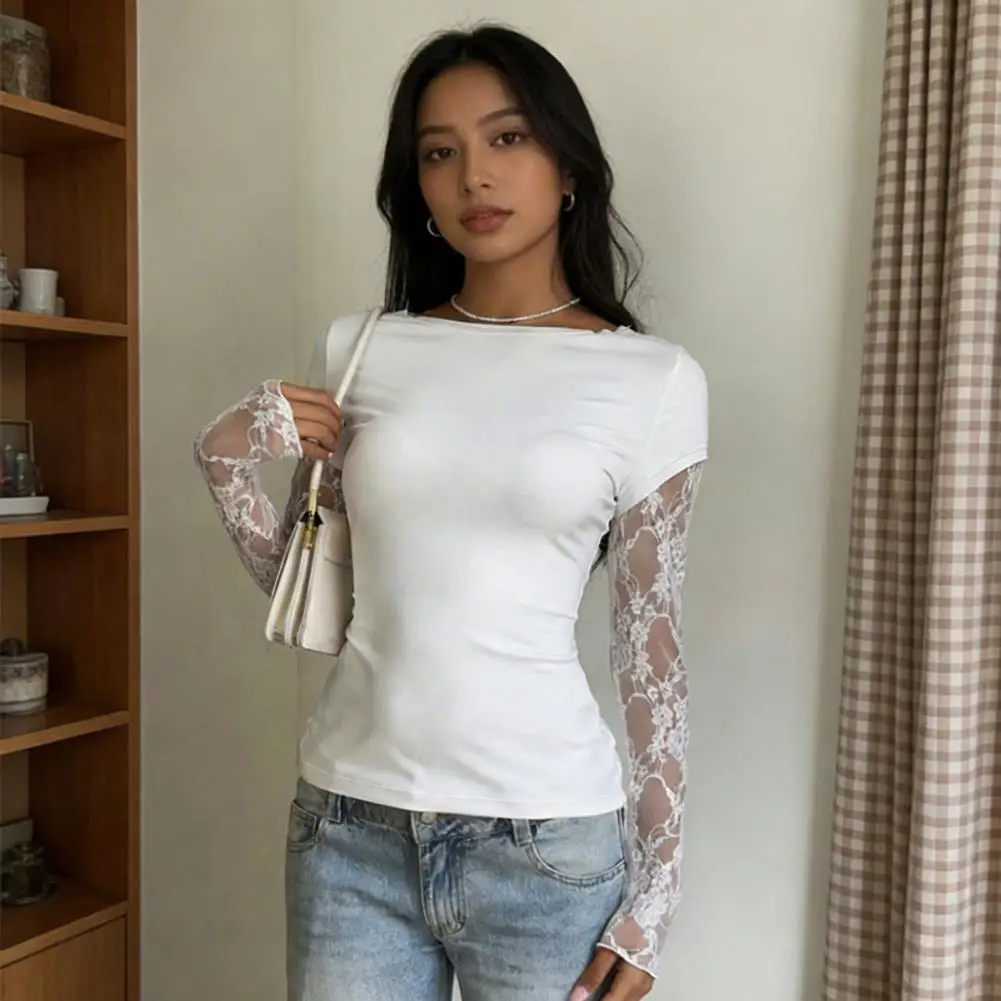 

2026 Women's Lace Patchwork Long Sleeve T-Shirt Slim Sexy Lace Spliced Sleeve Pullover Top Trendy Round Neck Shirts Bottom Tops