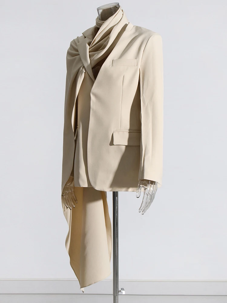 Blazer wanita, Blazer elegan asimetris, lengan panjang, kerah berlekuk, kancing tunggal, Blazer temperamen wanita