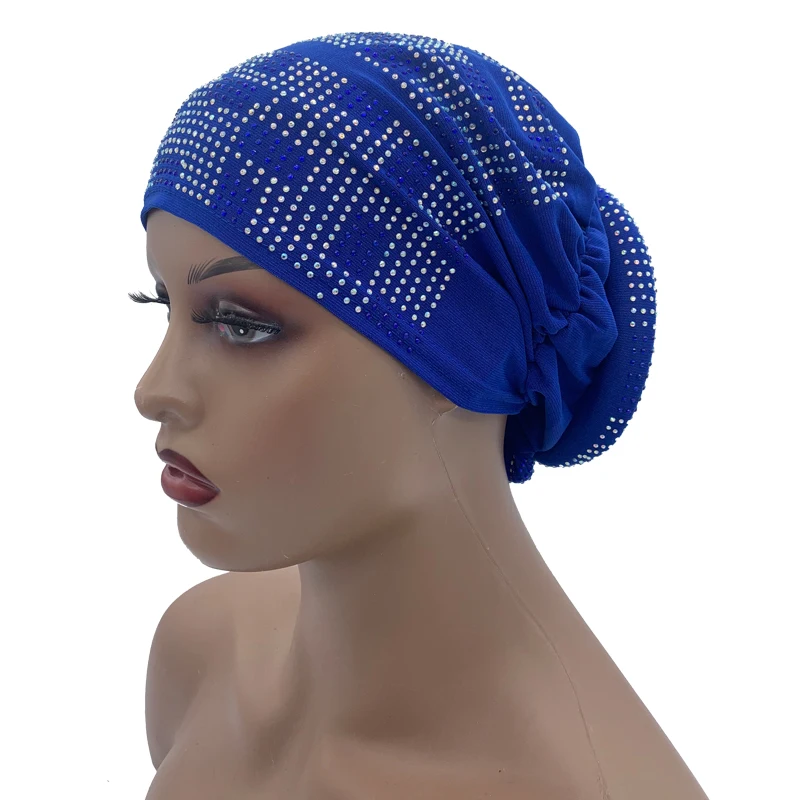 2022 New Women Full Diamonds Donut Turban Cap Elastic Muslim Hijab Bonnet Hat Ladies Headband Turbans African India Caps