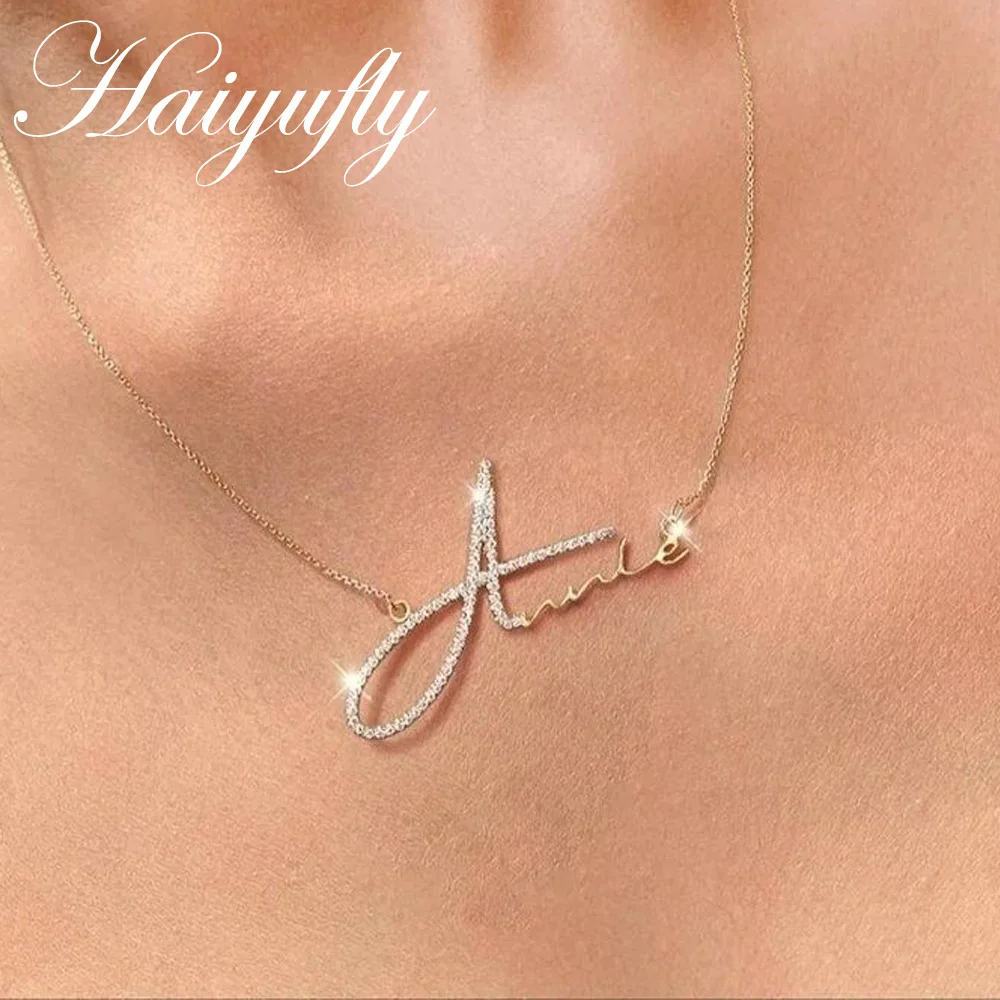 Haiyufly Custom Zircon Name Necklace for Women Stainless Steel Jewelry Personalized Bling Letter Stone Nameplate Chains Gift