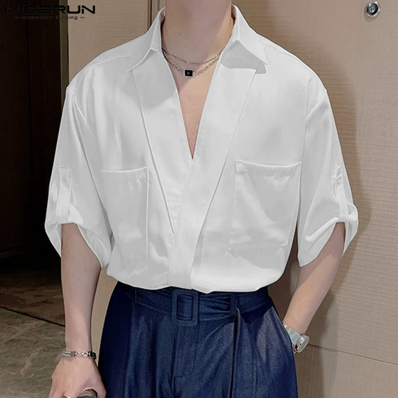 Fashion Casual Style Tops INCERUN New Men Loose Simple Pocket Design Shirt Handsome Male Solid All-match Mid Sleeve Blouse S-5XL