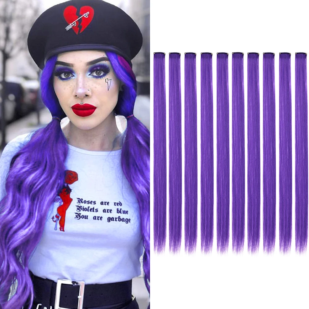 

10 шт., разноцветные заколки для наращивания волос, прямые шиньоны 22 дюйма, радужные для женщин, синтетические волосы, подарок на Хэллоуин, Рождественскую вечеринку