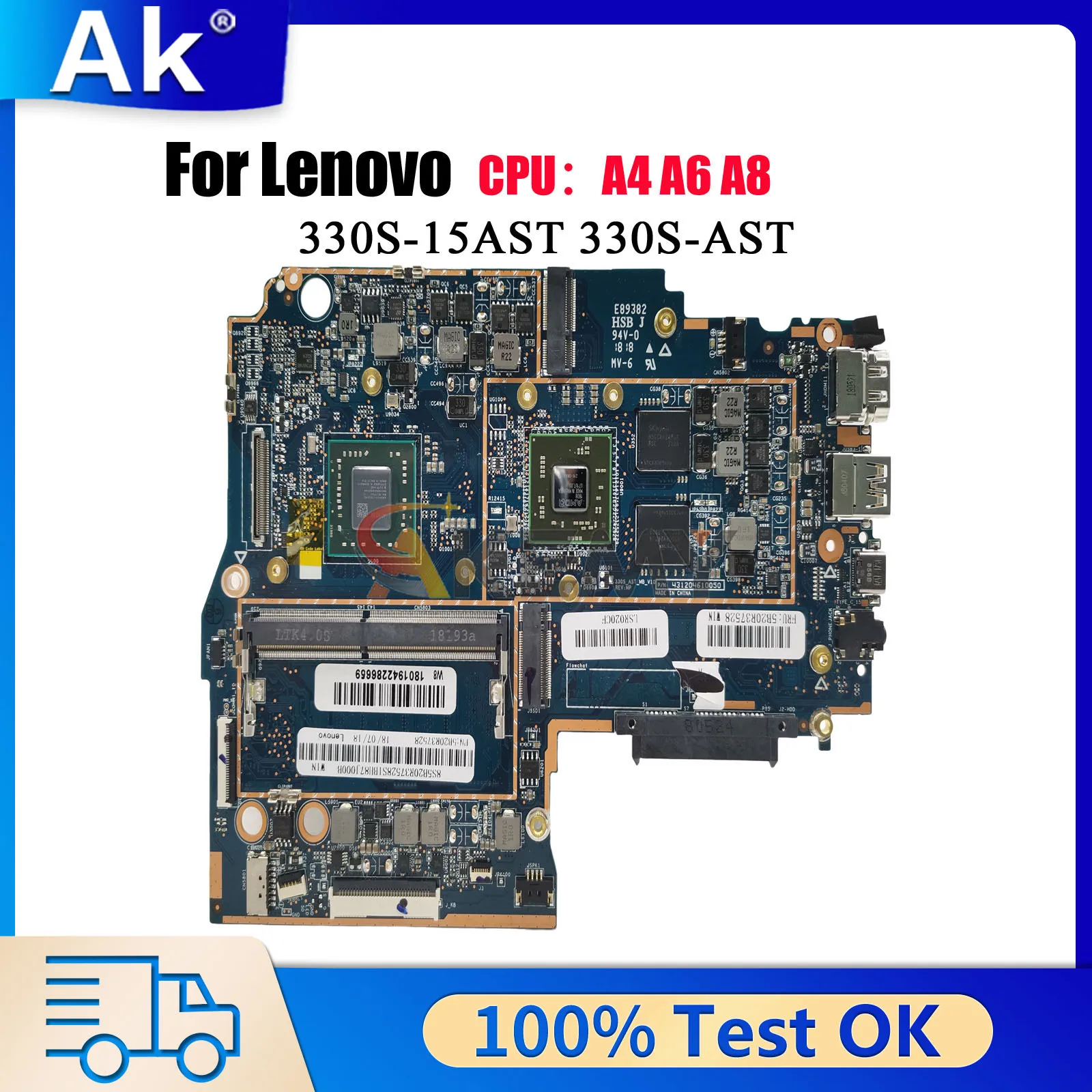 

With AMD A4 A6 A9 CPU R530 2GB GPU 4GB RAM 330S-15AST Laptop Motherboard For Lenovo Ideapad 330S-15AST 100% Fully Tested