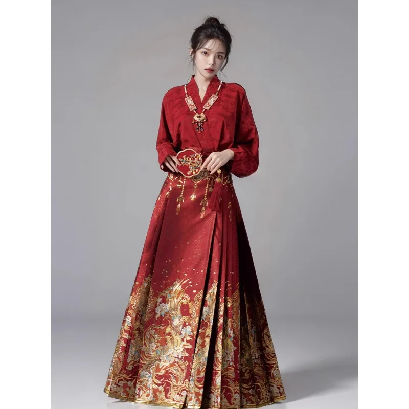

Red Mamianqun 2PCS Set Long Sleeve Top New Chinese Improved Hanfu Outfit