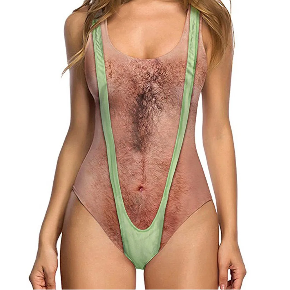 Hot Funny Borat Printed One-piece Swimsuit Women Sexy Chest Hair Bathing Suit Summer Swimwear Bathing Suit Beach Bather Summer
