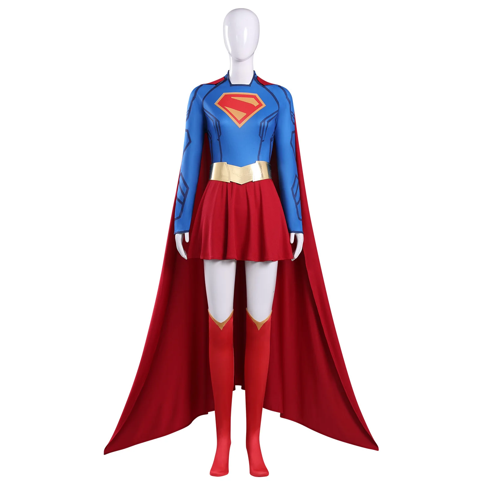 Superwoman Superhero Cosplay Full Set Jumpsuit Skirt Golden Waistband Red Cape Thigh Socks Female Halloween Party Costume view 4