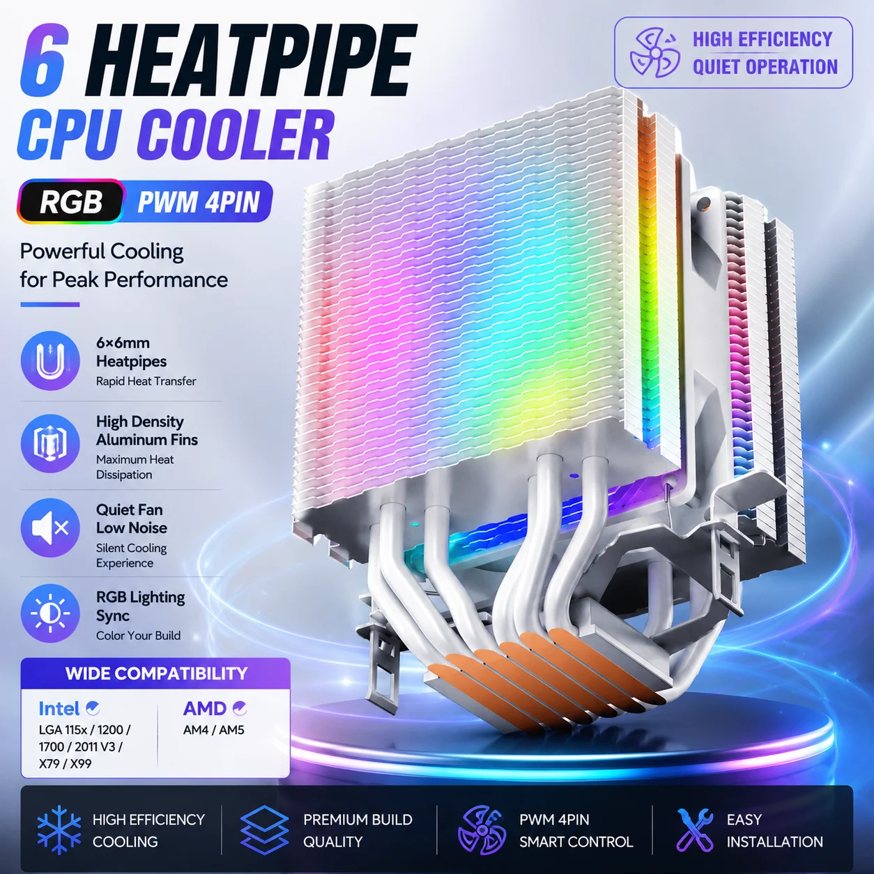 90mm CPU Air Cooler 6 Heatpipe RGB PWM 4Pin Quiet Cooling Fan Radiator for Intel LGA 115X 1200 1700 2011 V3 X79 X99 AMD AM4 AM5