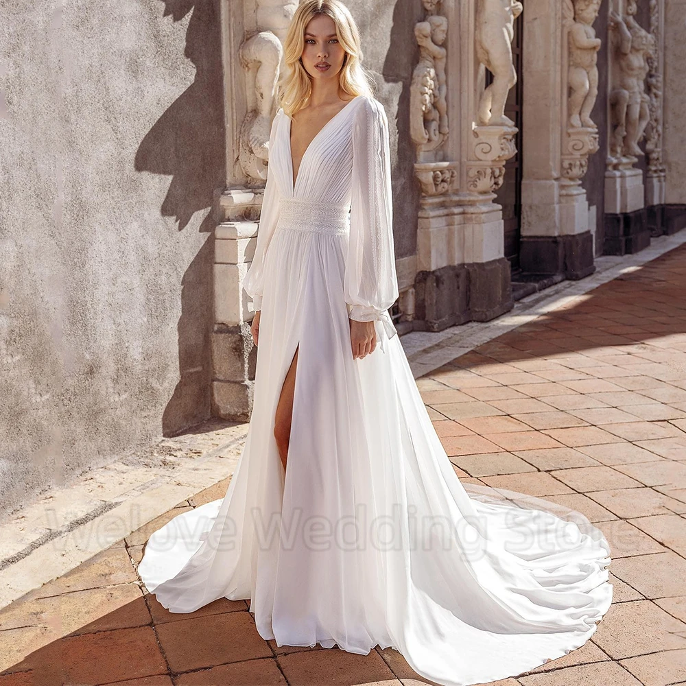 Boho Chiffon Wedding Dress Sexy High Side Slit A-Line Floor Length Bridal Long Sleeves with Lace Backless Sweep Train Gowns