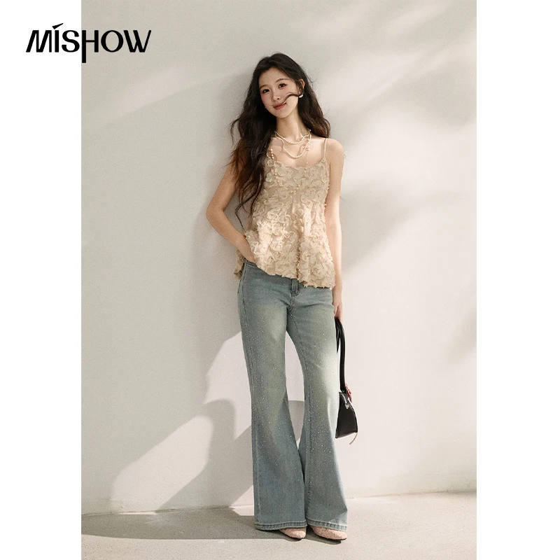 MISHOW Women's Cherry Blossom Pink 3D Petal Camisole Tank Top 2026 Summer New Spaghetti Strap Ruffle Hem Inner Vest MXF16D2373