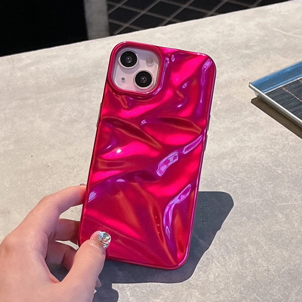 Rose Red Color 3D Water Ripple Pattern Phone Case For iPhone 16 15 14 13 12 11 Pro Max Soft Silicone Shockproof Back Cover