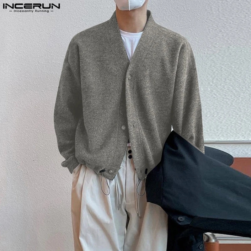 INCERUN Men Cardigan Solid Color V Neck Long Sleeve Button Casual Male Sweater Streetwear Knitted 2025 Fashion Sweater Coats Men
