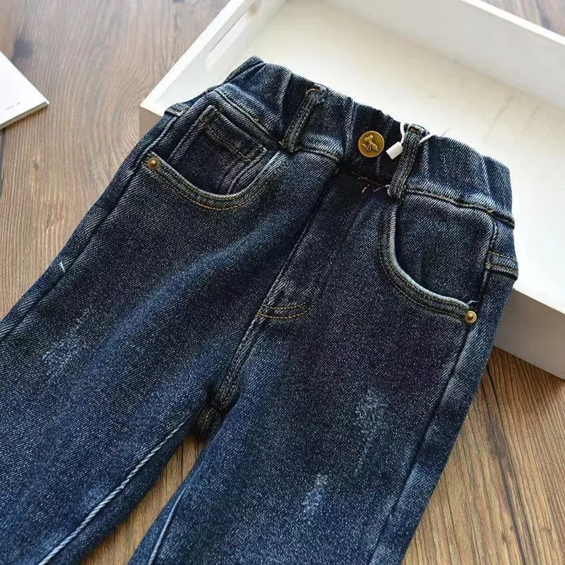 Pantalones vaqueros cálidos de terciopelo para niñas y niños, ropa de otoño para adolescentes y niños, Invierno