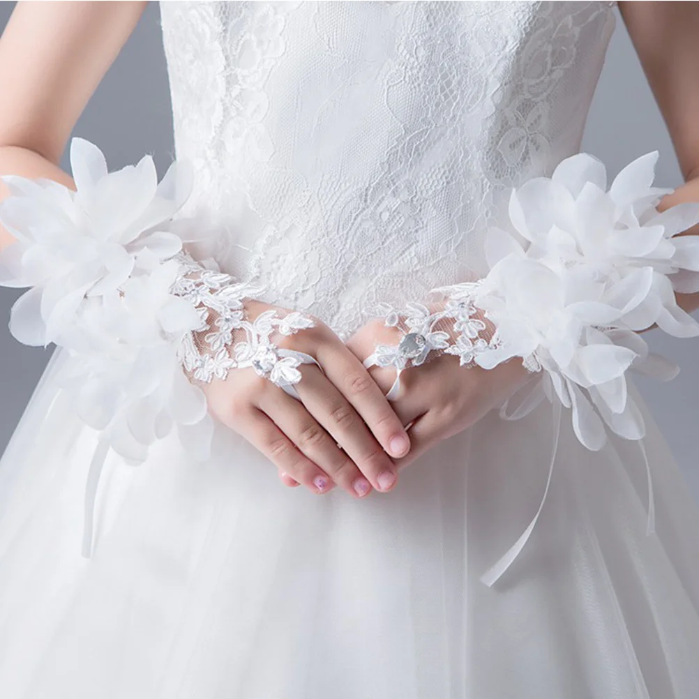 1 زوج الأميرة زهرة قفازات بيضاء قصيرة الدانتيل تقليم الزفاف تأثيري حزب حجم الحرة زهرة المعصم أنيقة