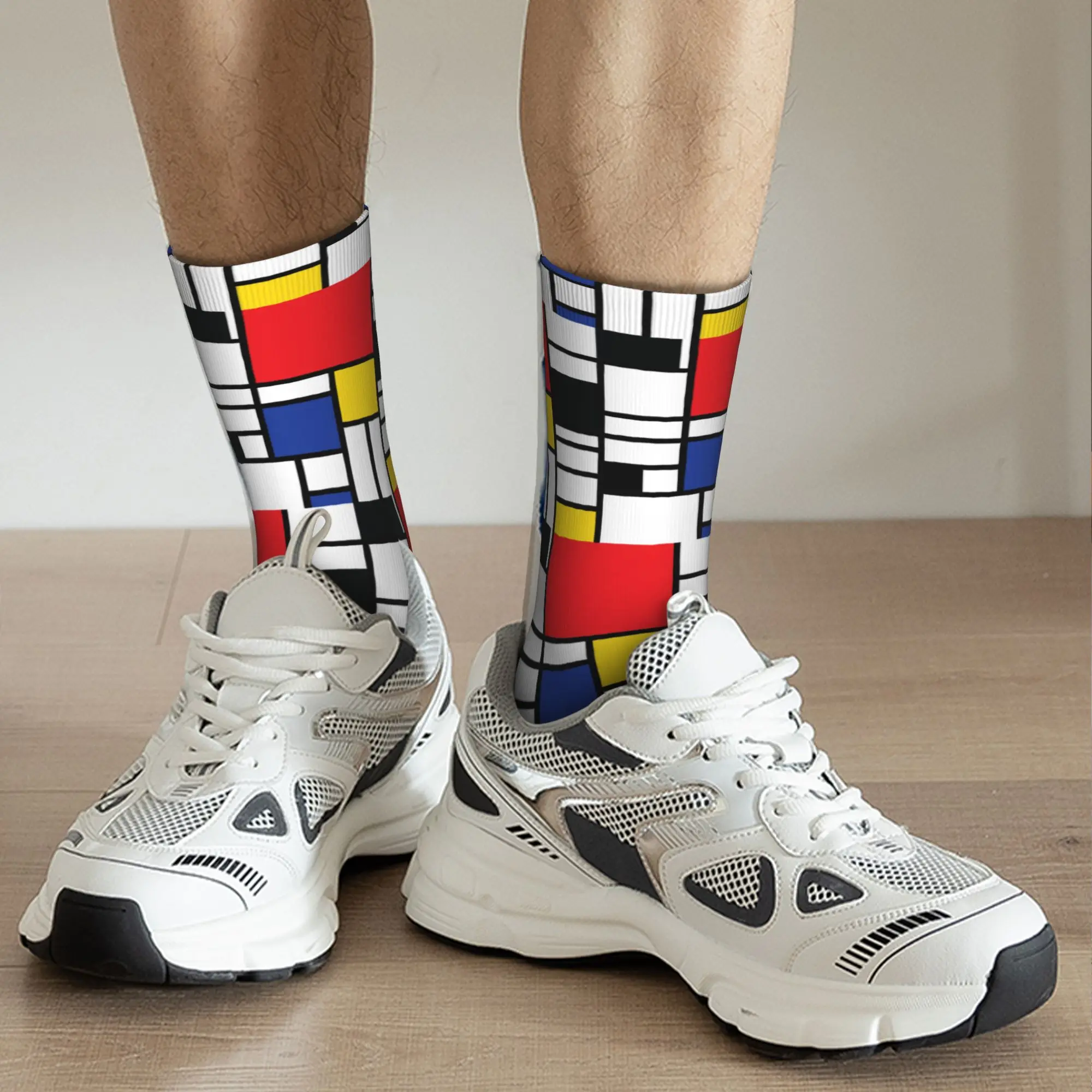 ถุงเท้าแฟชั่นผู้ชายลาย Mondrian De Stijl แบบยูนิเซ็กซ์ อุ่นสบาย ระบายอากาศได้ดี พิมพ์ลาย 3 มิติ ศิลปะนามธรรม สีสันสดใส