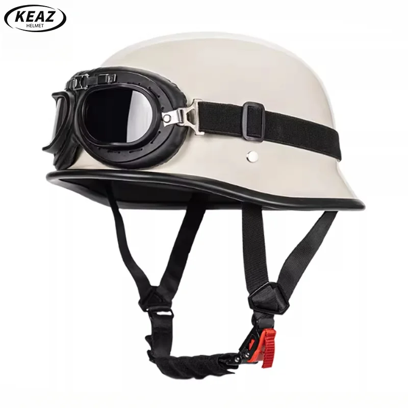 خوذة دراجة نارية كلاسيكية بنصف وجه على الطراز الألماني مع حزام ذقن معزز وبطانة مريحة لركوب الخيل الآمن للرجال والنساء