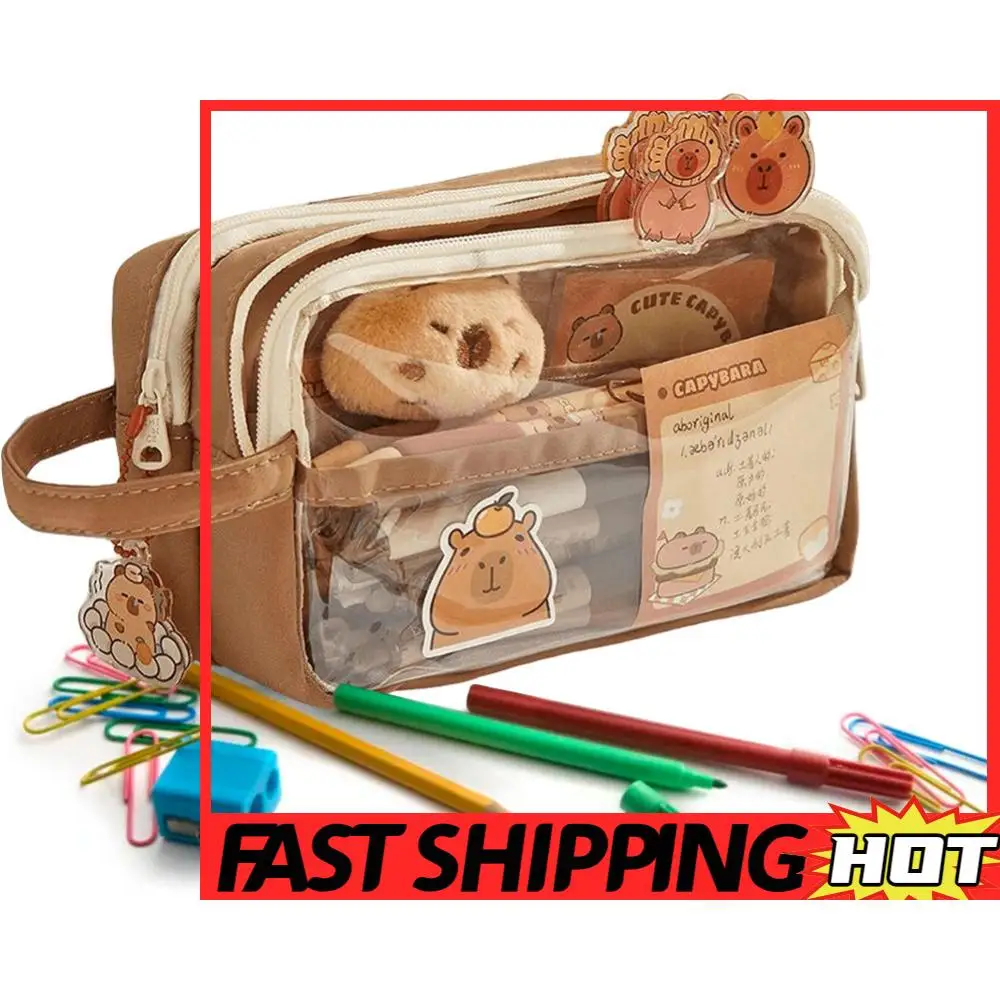 Capybara Kawaii – trousse à crayons avec compartiments, sac de papeterie transparent avec pendentif autocollant pour bureau, collège et école