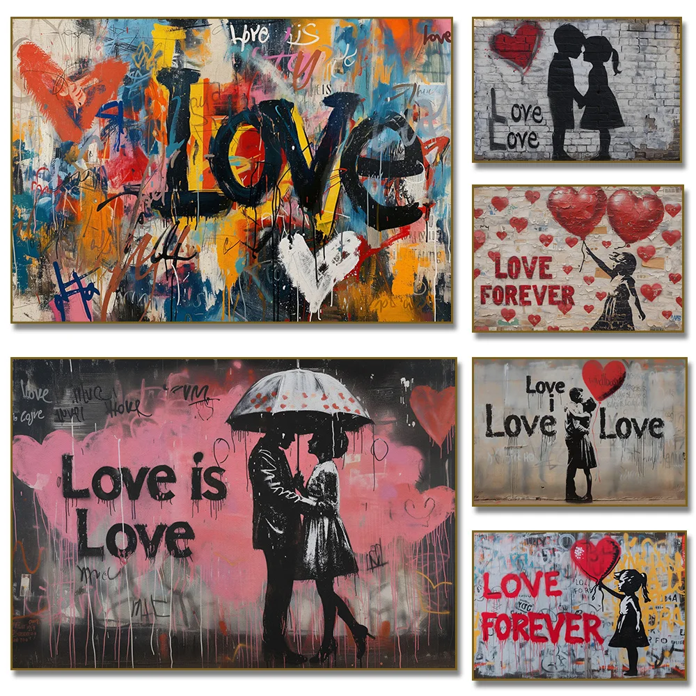 Street Urban Graffiti Style Love Balloon Girl Couple Poster Print Canvas Painting Art Pictures for Living Room  Modern Decor