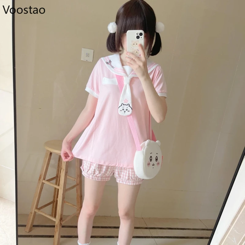 اليابانية الحلو لوليتا تي شيرت المرأة لطيف بحار طوق الكرتون طباعة Kawaii فضفاض القمم Y2k الجمالية الفتيات Harajuku الجنية تيز