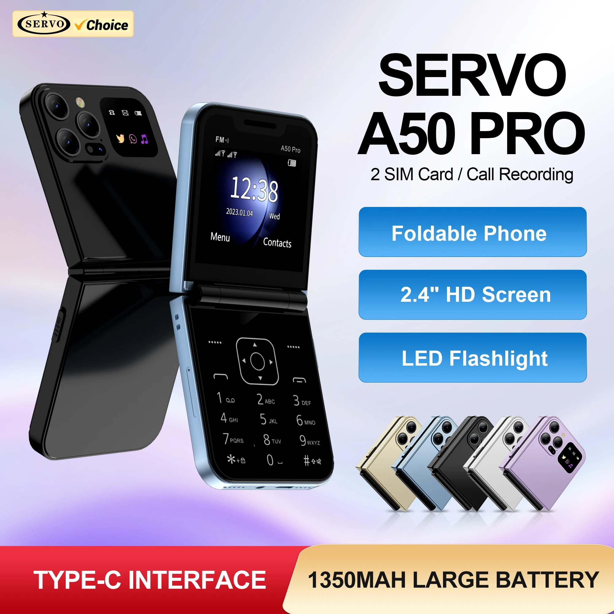 SERVO A50 PRO Flip Mobile Phone 2G GSM Call Recording Blacklist Speed Dial Flashlight Foldable Feature Cellphones Dual SIM Card