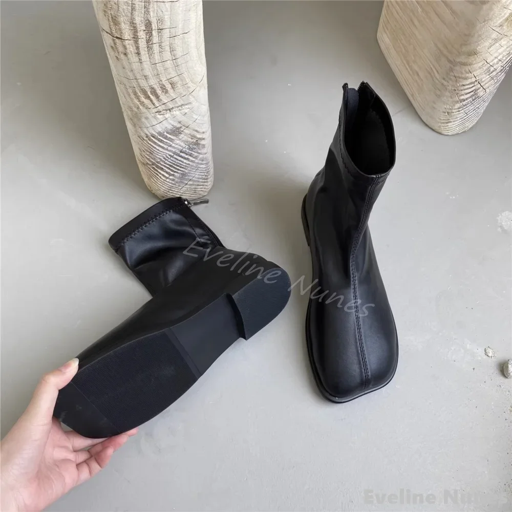

Solid Square Toe Stretch Boots Women Leather Back Zipper Flat with Ankle Boots 2024 Autumn Hoof Heels Soft Bottom Chelsea Boots