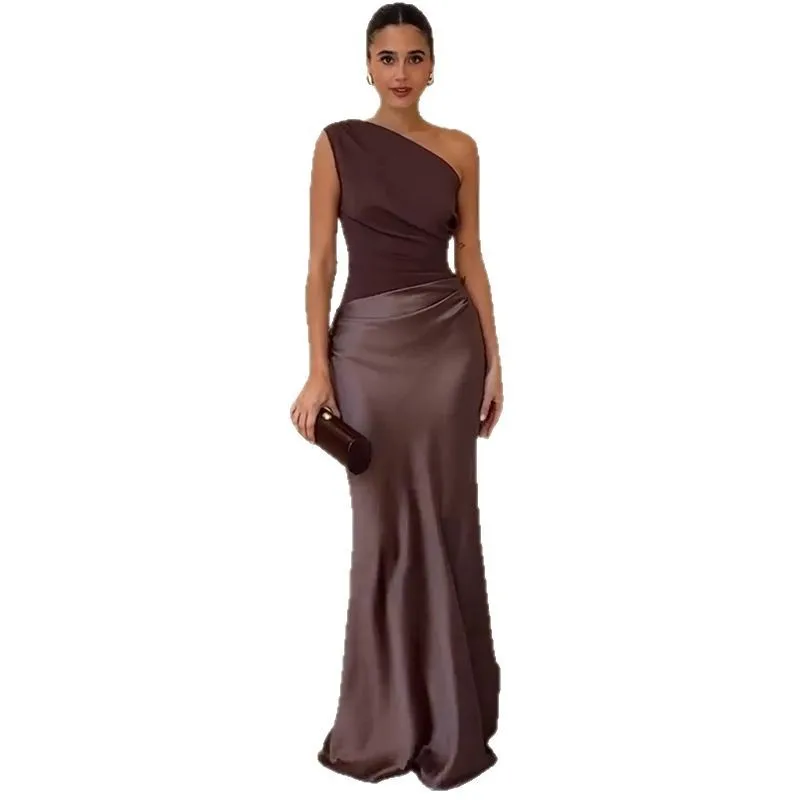

Solid Color Slanted Collar With Shoulder Sleeves Pleated Waist For Slimming Ladies' Banquet Solid Color Formal Dress Skirt