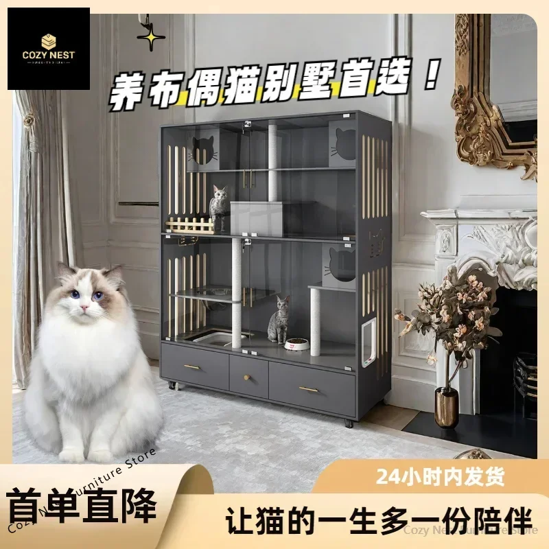 

Cat nest villa household indoor with toilet integrated cabinet luxury large panoramic glass cage litter box
