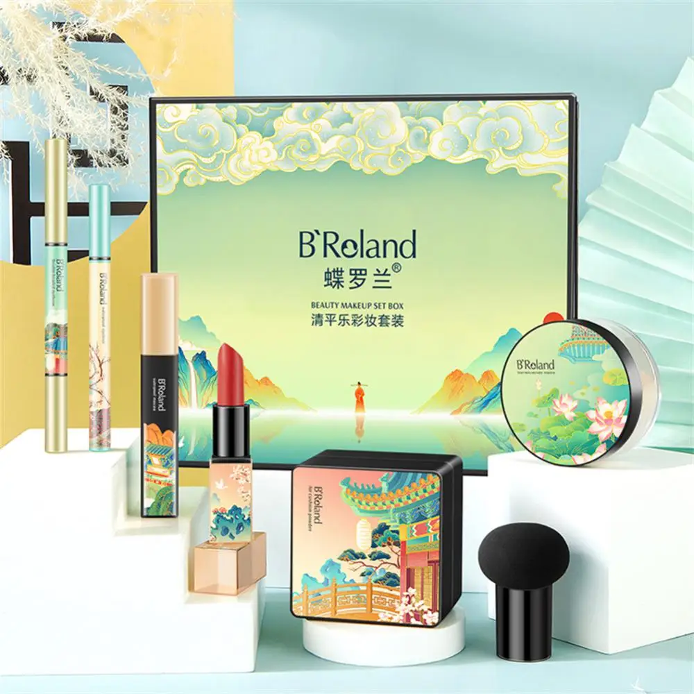 Sky Makeup Set Elegant Green Chinese Beauty Cushion BB Cream Lipstick Brow Pen Eyeliner Mascara Face Cosmetics Kit Gift Box