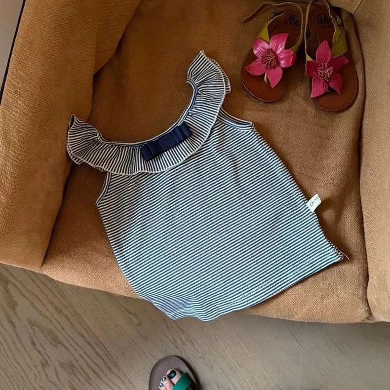 Kids T Shirt Summer New Girls Fashion Korean Striped Flutter Sleeve Vest Versatile Camisole Undershirt Cropped Pants 2pcs Set