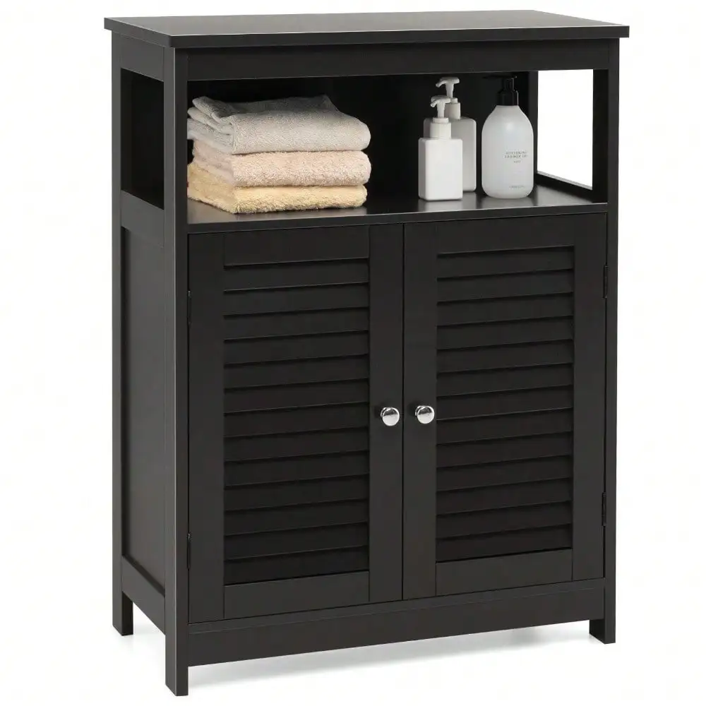 Bathroom Storage Cabinet Wood Floor Cabinet w/ Double Shutter Door Black