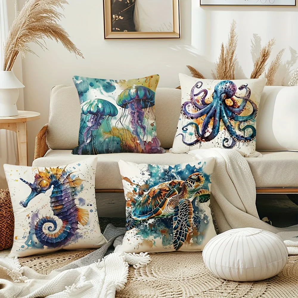 1pc Watercolor Marine Life Throw Pillow Covers Octopus Jellyfish Seahorse Sea Turtle Home Decor 2D Flat Printing