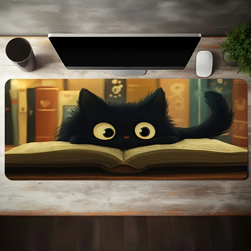 

Cute Black Cat Lying on The Book Mouse Pad Large Rubber Non-slip Desk Accessories Mousepad for Office & Gamer Keyboard Decor Mat