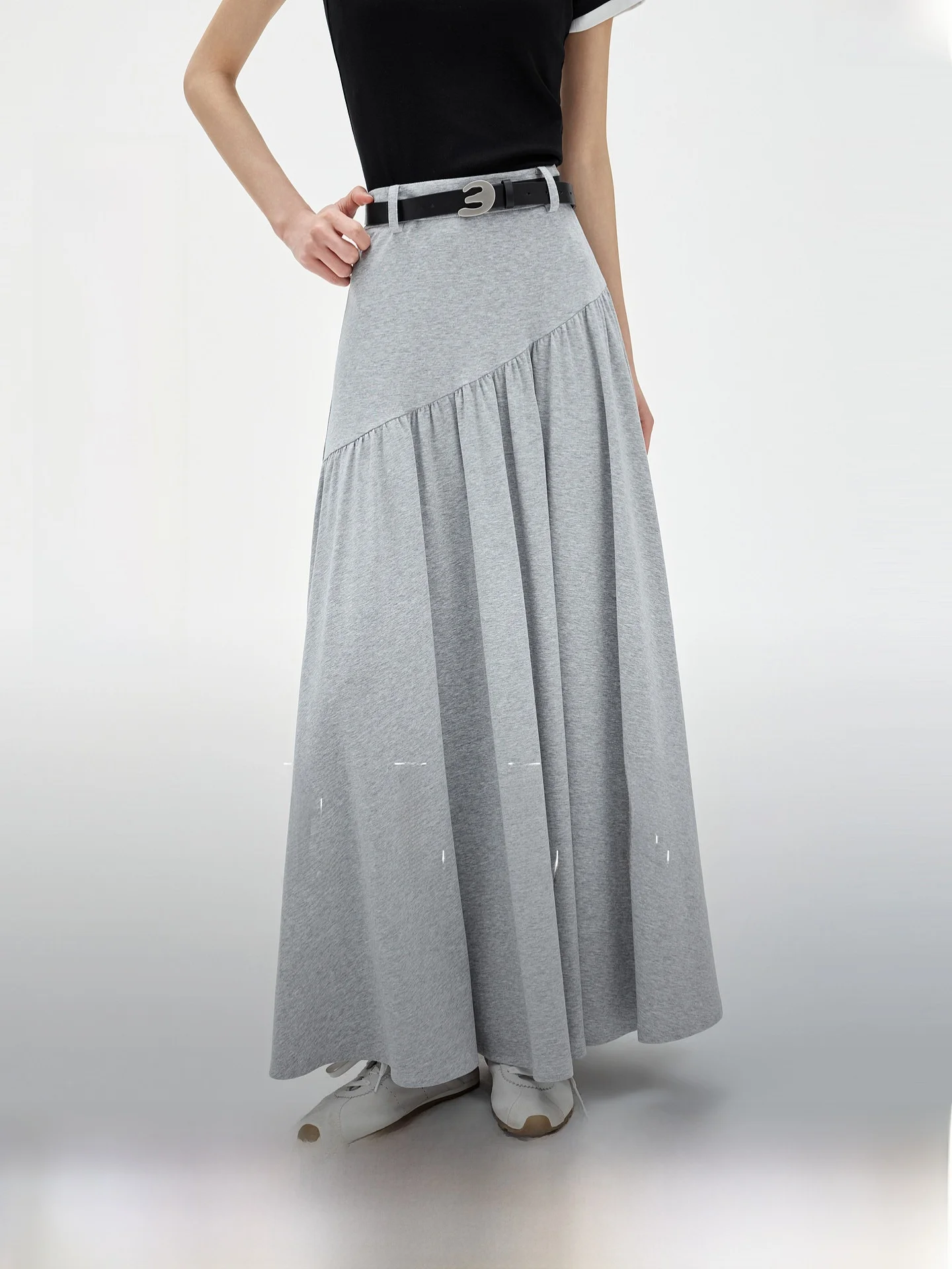 Grey Casual Draped A-Line Skirt ELLE Commuter Style High Elasticity Polyester Fiber Cotton Lycra Fiber Knitted mid Waist