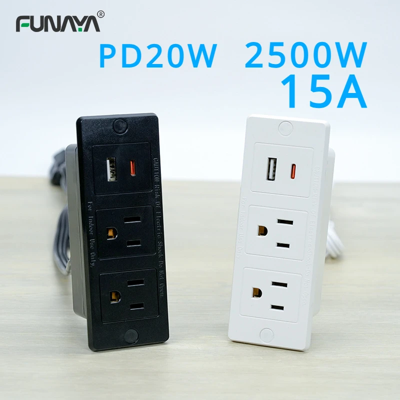 

15A US Hidden Table Embedded Socket 2 outlets with USB Type C PD20W 2500W White Black Power Strip Furniture Sofa office Sockets