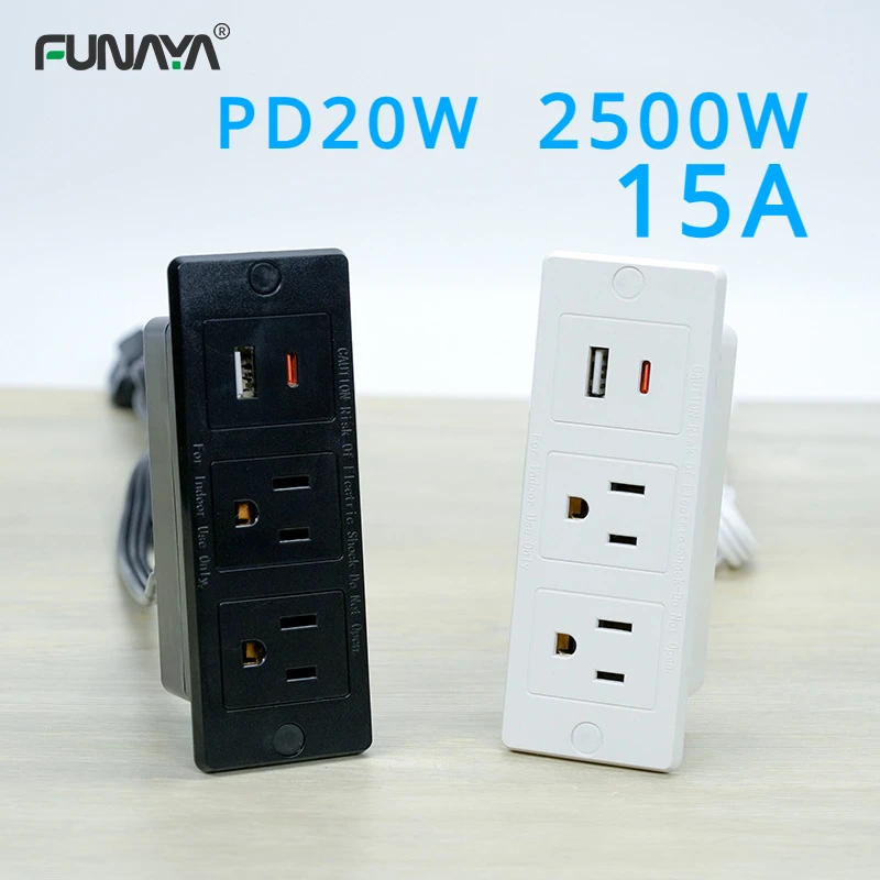 15A US Hidden Table Embedded Socket 2 outlets with USB Type C PD20W 2500W White Black Power Strip Furniture Sofa office Sockets