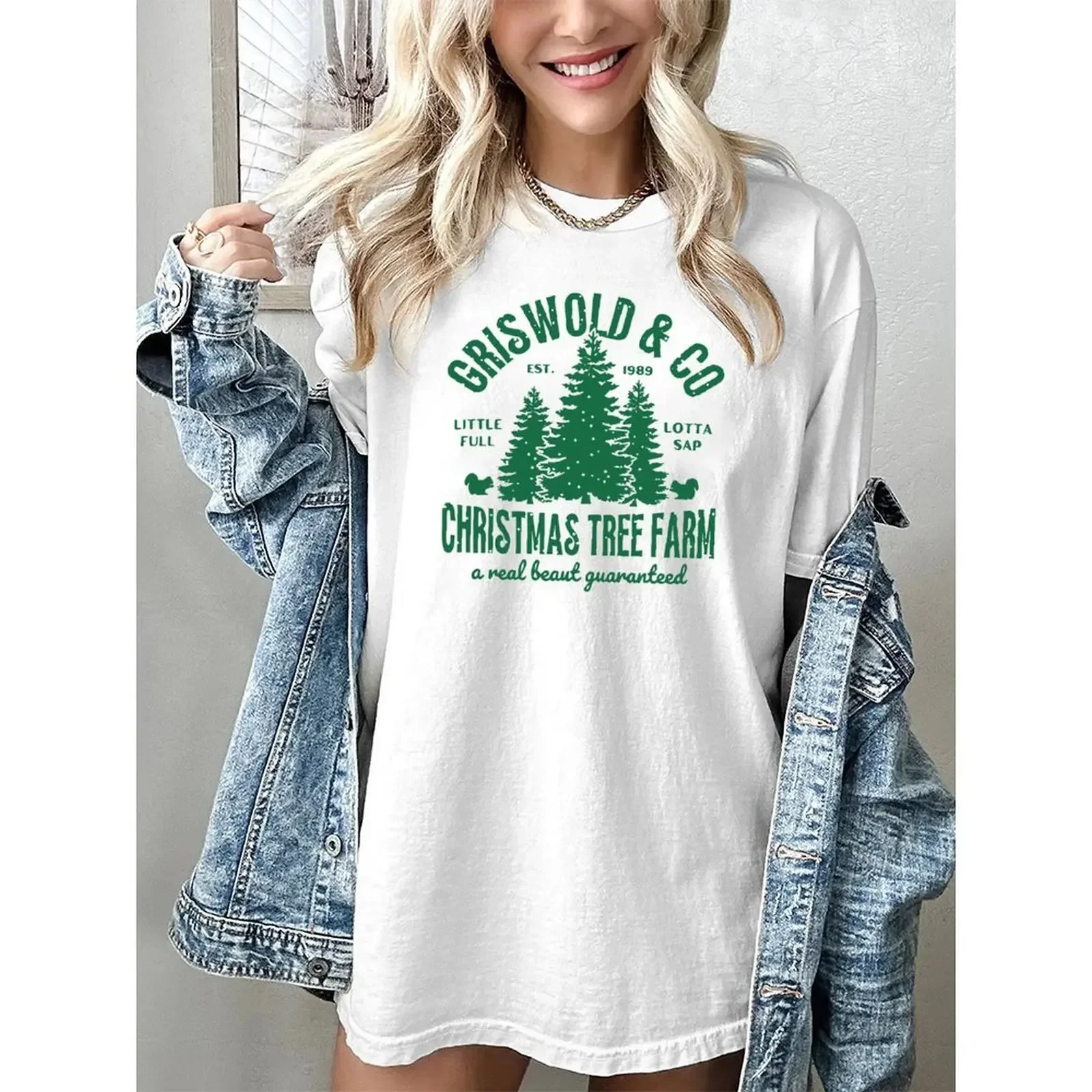 المرأة قصيرة الأكمام المتضخم المألوف عارضة شجرة عيد الميلاد طباعة تي شيرت امرأة الملابس س الرقبة المحملة تي شيرت #3