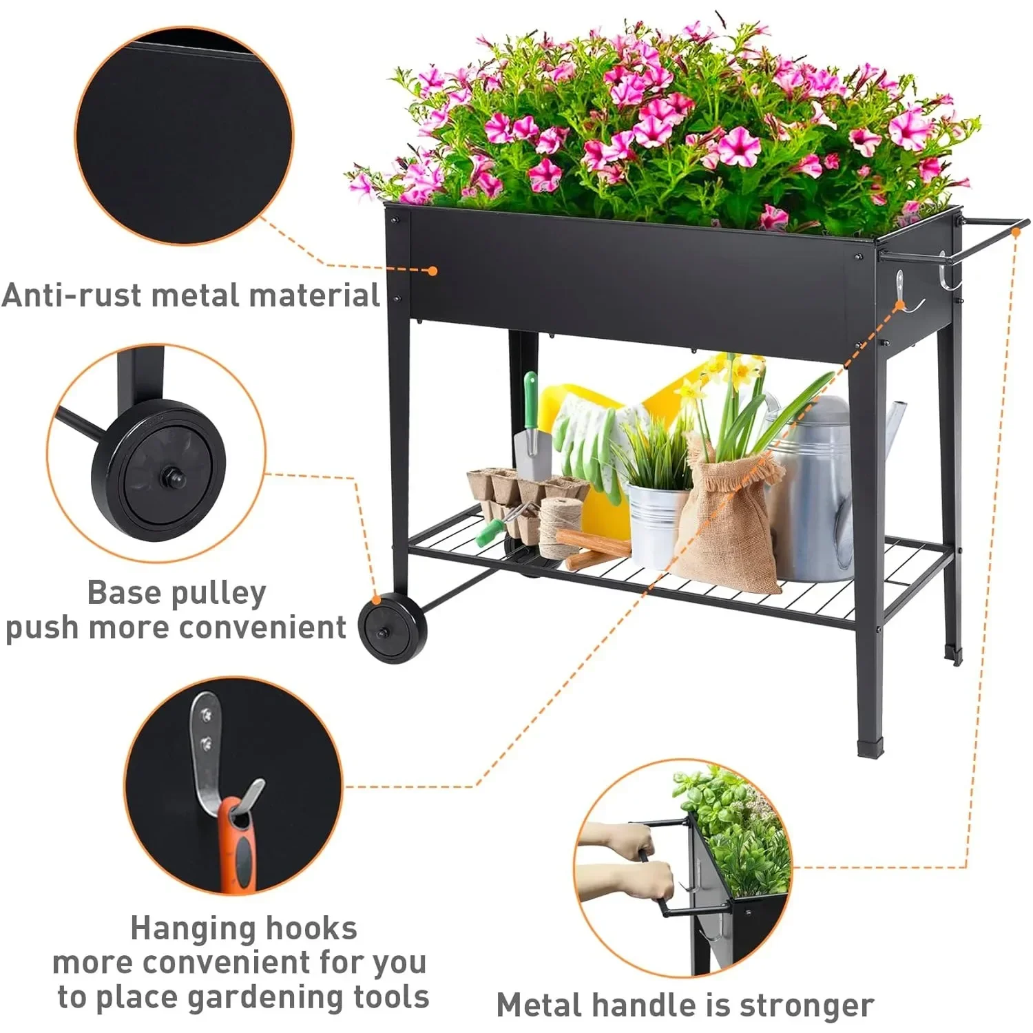 Cama de jardín elevada con patas para flores/verduras/herbas, macetero de metal galvanizado con ruedas, cama de jardinería elevada con estante