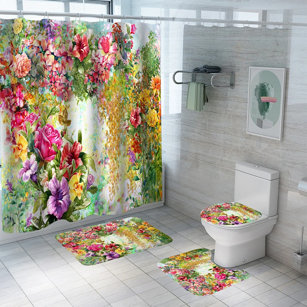 Oil Painting Flowers Waterproof Polyester Shower Curtain Set Anti-slip Soft Bath Carpet Mat Lid Toilet Cover Bathroom Set Decor